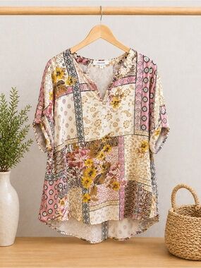 Maurices XXL Boho Patchwork Blouse Mixed Print Flowy Plus Size Top